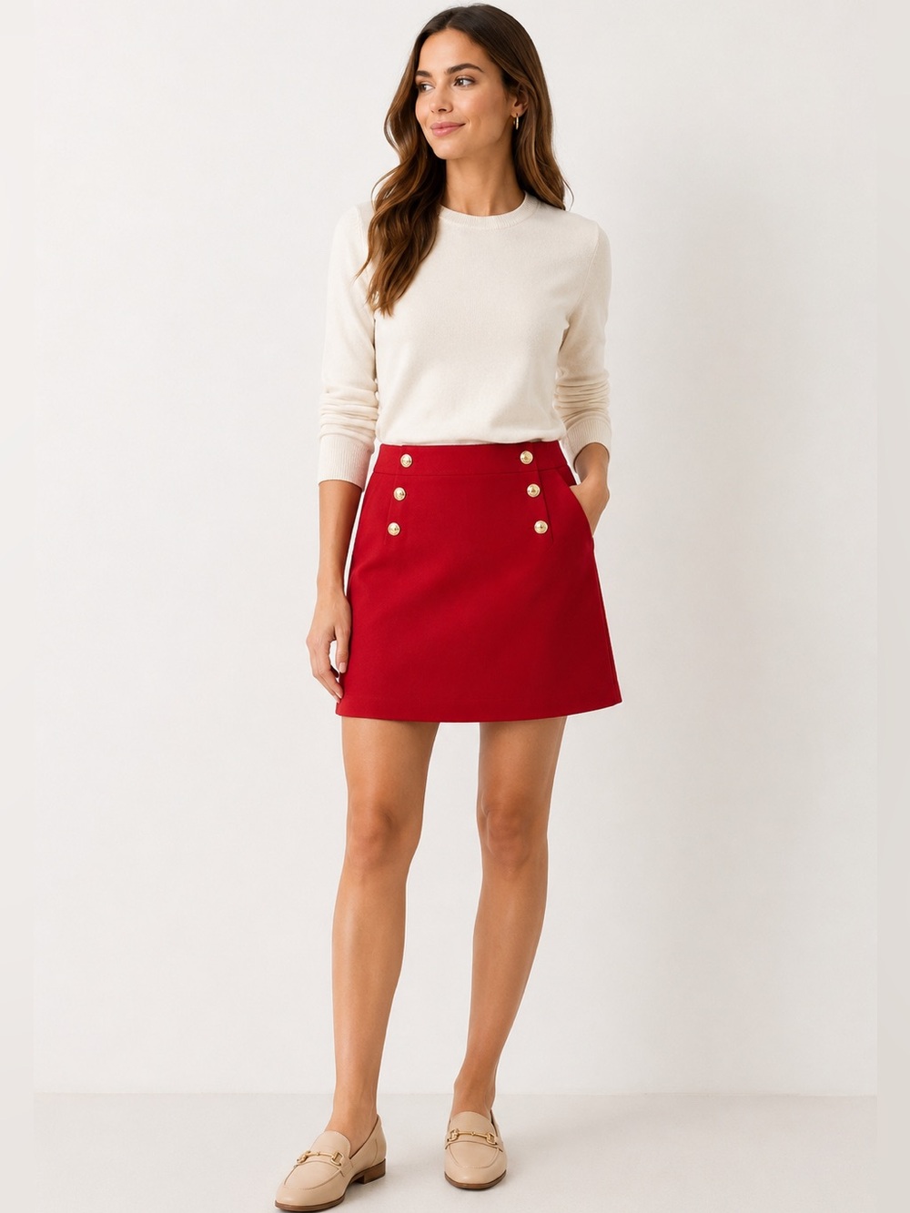 LOFT Red A-Line Mini Skirt Gold Button Mod Preppy Size 0 Like New